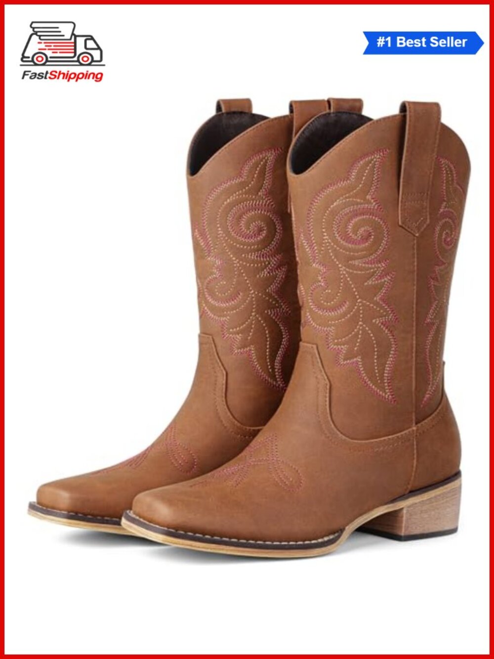 Faux Leather Western Cowboy Boots Women Square Toe Mid Calf Pull On